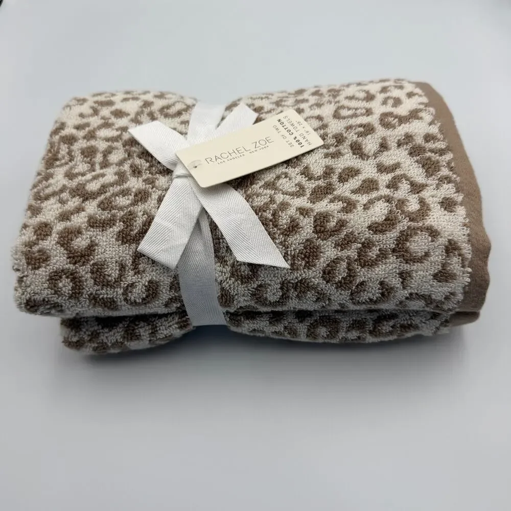Rachel Zoe Leopard Cheetah Animal Print Hand Towel Set of 2 Ivory Brown 18 x 28
